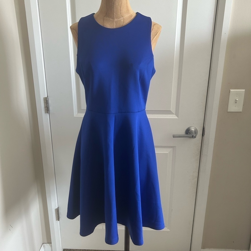Milly Women’s Back Zip Sleeveless Round Neck Fit & Flare Midi Dress Blue…